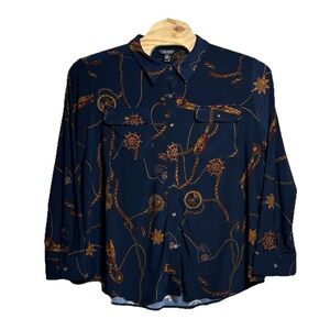 Lauren Ralph Lauren Women's 3x Slim Fit Belting-Print Navy Jersey Button Shirt